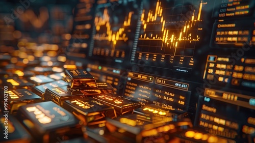 Close-Up of Gold Bars on Financial Trading Desk with Stock Market Data and Graphs Displaying on Multiple Screens in BackgroundGold bars photo