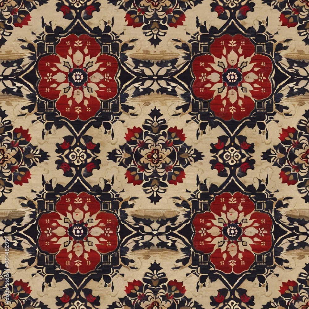 Naklejka premium Seamless carpet pattern with decorative elements, colorful ornamental