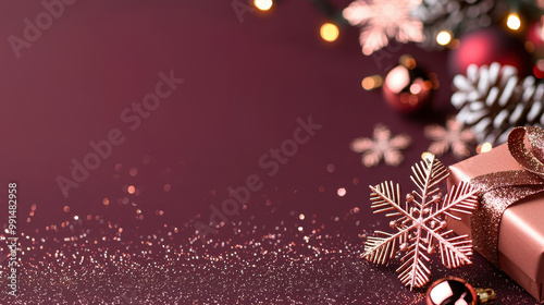 Festive holiday decorations featuring a shimmering snowflake, glitter, and Christmas ornaments on a deep maroon background