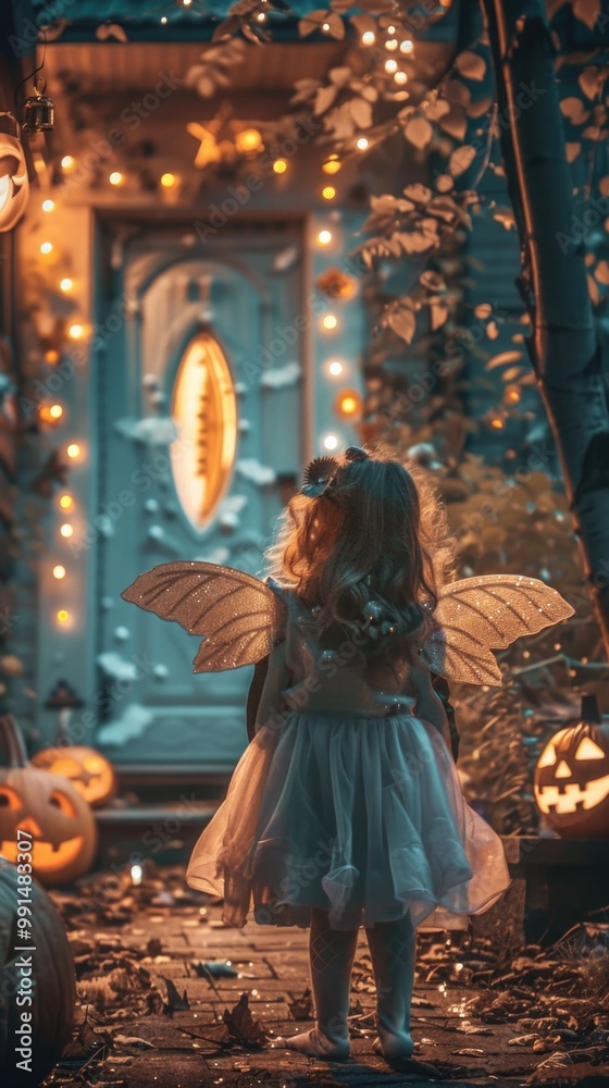 Little girl in witch costume standing in front of a decorated house. view from the back Little girl in witch costume standing in front of a decorated house. view from the back