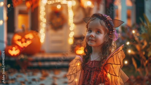 Little girl in witch costume standing in front of a decorated house.