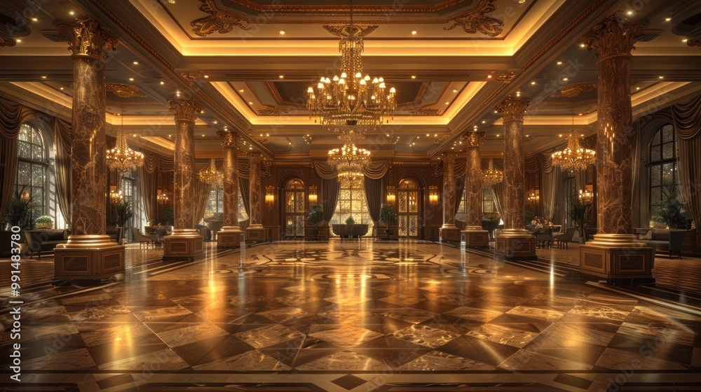 Elegant ballroom illuminated by chandeliers, showcasing exquisite architecture in a luxurious setting. Generative AI Elegant ballroom illuminated by chandeliers, showcasing exquisite architecture in a luxurious setting. Generative AI