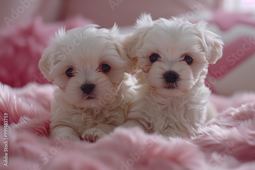 Adorable Pair of Fluffy White Maltese Puppies Resting on a Pink Furry Blanket in Cozy and Warm Home Environment with Soft LightPuppies
