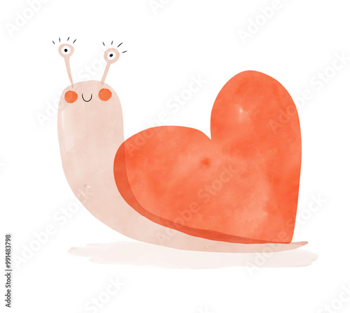 Cute Hand-painted Graphic Of A Smiling Snail Carrying A Big Red Heart. Lovely Nursery Vector Art with Happy Snail. Valentine's Day Print ideal for Card, Greeting, Poster. Kids' Room Decoration. 