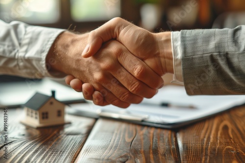 Close-up of two businesspeople shaking hands over a wooden desk with a miniature house and documents, symbolizing successful property deal, agreement, or partnershiphandshake