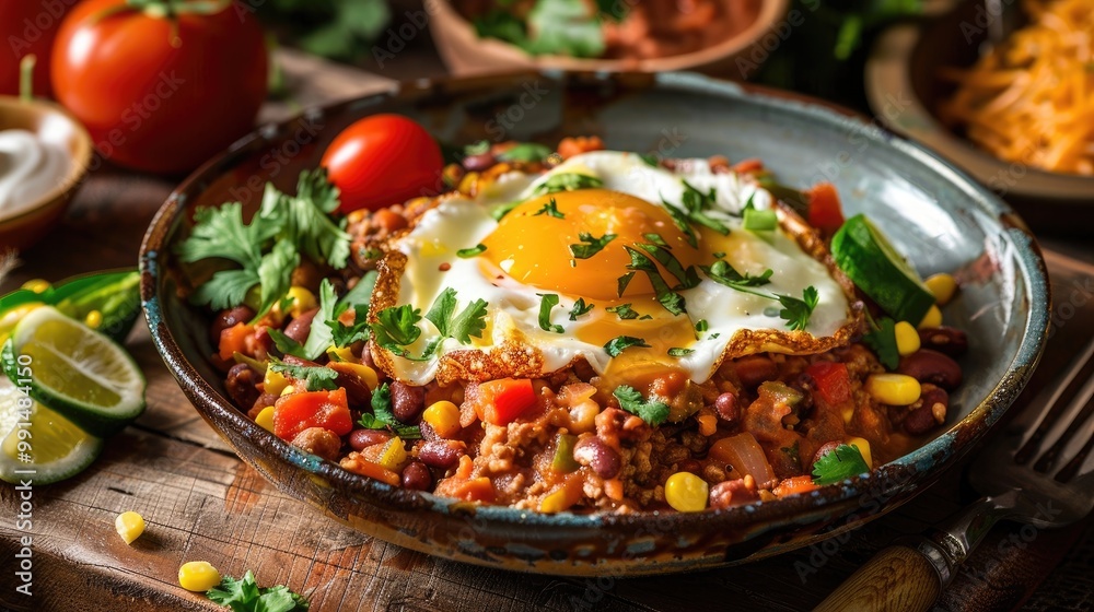 Vibrant plate of huevos rancheros with refried beans. Vibrant plate of huevos rancheros with refried beans.