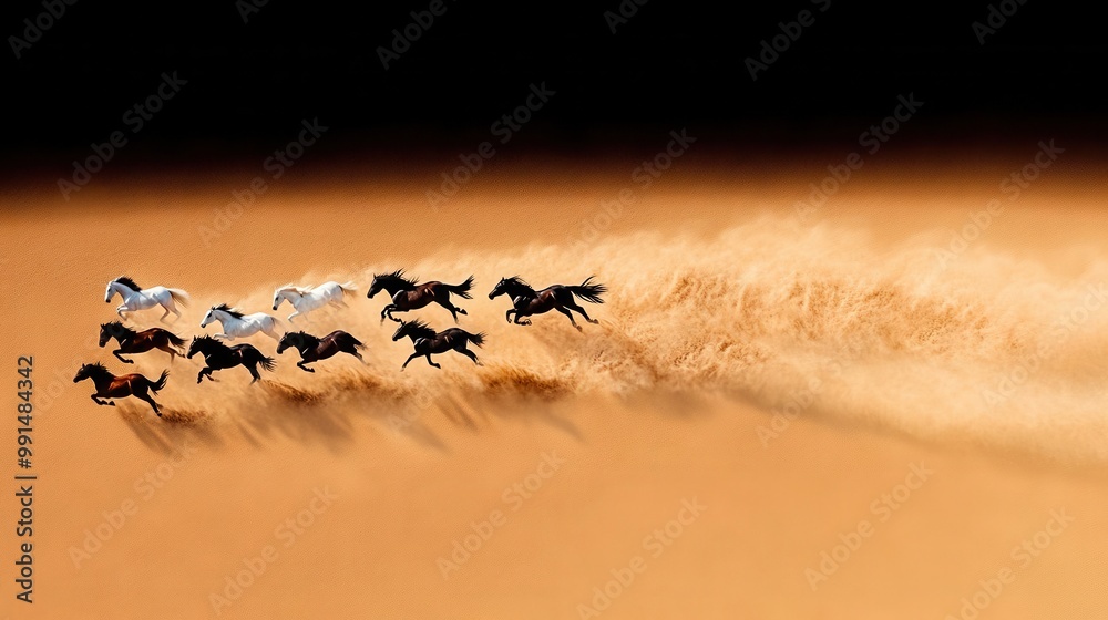 Obraz premium A herd of horses running across a sandy plain, leaving a trail of dust in their wake.