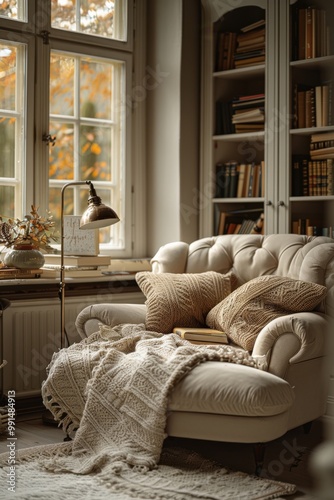 Cozy Reading Nook with Comfortable Armchair and Soft Knit Pillows in Front of Large Window with Autumn Foliage View and Home Library BookshelvesComfortable