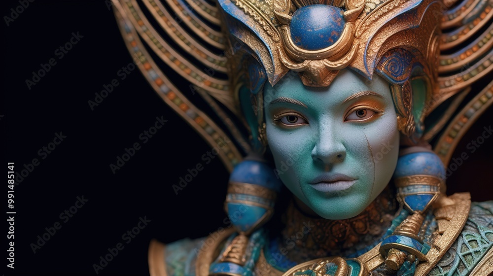 Close-up of a porcelain doll's face. Fairy-tale character. Ancient spiritual face sculpture, carved. Phantasmagoric relief portrait of fantasy goddess with crown. Sacred god. Illustration for design. Close-up of a porcelain doll's face. Fairy-tale character. Ancient spiritual face sculpture, carved. Phantasmagoric relief portrait of fantasy goddess with crown. Sacred god. Illustration for design.