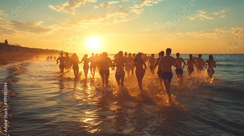 Crowd of people or friends runs to sunset sea Beach holidays travel concept : Generative AI