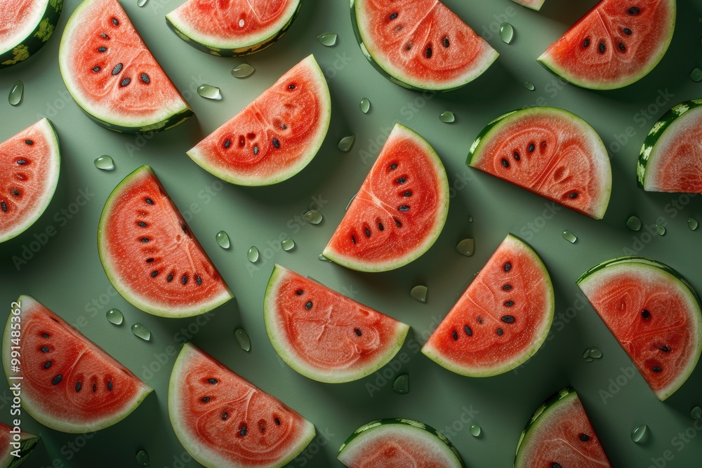 Watermelon Slices on Green Background: Refreshing and vibrant, this image features a perfectly arranged pattern of juicy watermelon slices against a cool green background. Each slice. Watermelon Slices on Green Background: Refreshing and vibrant, this image features a perfectly arranged pattern of juicy watermelon slices against a cool green background. Each slice.