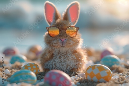 Adorable Easter Bunny with Sunglasses Relaxing on a Sandy Beach Surrounded by Colorful Decorated Easter Eggs Under the Warm SunlightAdorable bunny