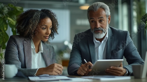 Team of diverse partners mature Latin business man and European business woman discussing project on tablet sitting at table in office Two colleagues of professional business people wo : Generative AI