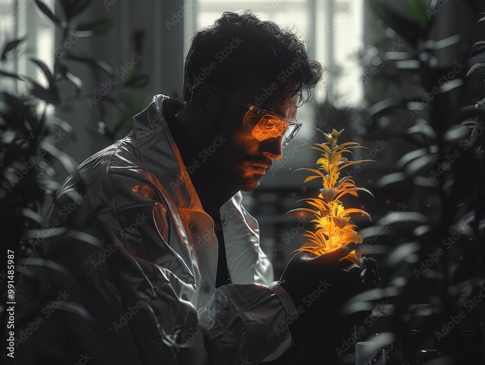 The image features a scientist examining a glowing plant in a laboratory setting filled with greenery, highlighting science, innovation, and discovery.scientist