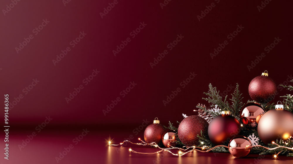 Fototapeta premium Elegant arrangement of shimmering Christmas ornaments in rich reds and golds, surrounded by green pine and delicate snowflakes