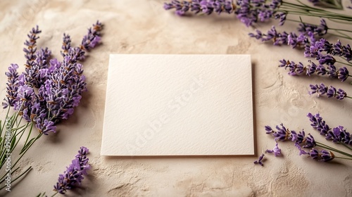 Square invitation card mockup with a lavender decoration  on the beige table : Generative AI photo