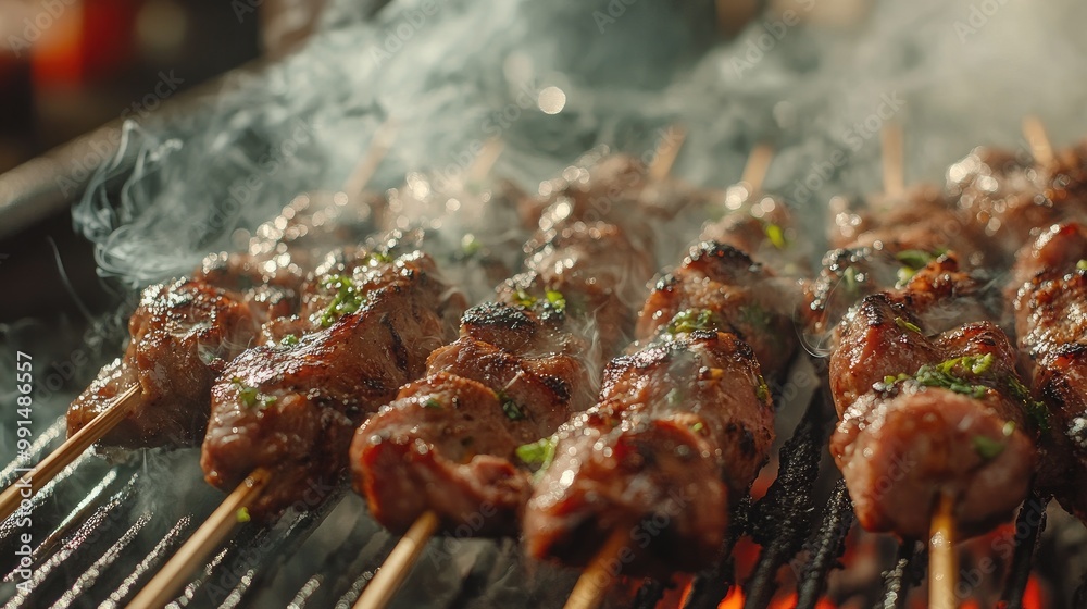 A close-up of skewered marinated meat on a grill, with smoke billowing and spices visible, emphasizing the flavors and textures of grilled meats. A close-up of skewered marinated meat on a grill, with smoke billowing and spices visible, emphasizing the flavors and textures of grilled meats.