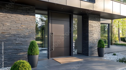 A modern front door with dark wood and glass