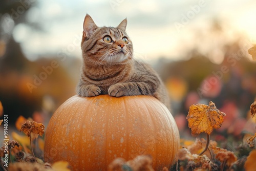 Tabby cat sitting on top of a large pumpkin in a garden, surrounded by autumn leaves and soft sunset light