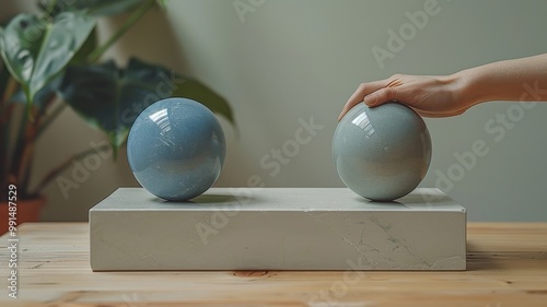 Artistic Minimalist Still Life Composition with Two Spherical Objects and Hand Placement on Concrete Block, Featuring Indoor Plants and Natural Lightbalance photo