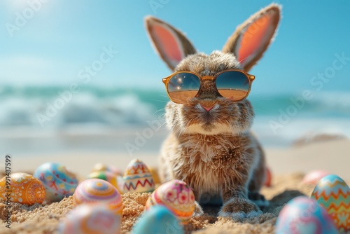 Adorable Bunny Wearing Sunglasses Surrounded by Colorful Easter Eggs on a Sunny Beach with Ocean Waves in the Backgroundbeach photo