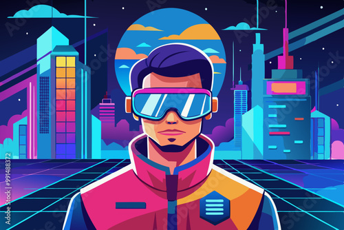 Metaverse entertainment. A man wearing virtual reality glasses and VR headsets, interacting and exploring a virtual world. Concept of future innovations