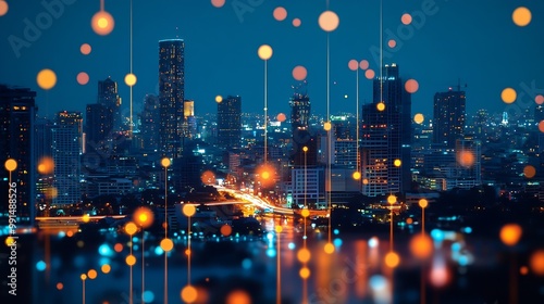 Smart city dot point connect with gradient line connection technology metaverse concept Bangkok Thailand night city banner with big data : Generative AI