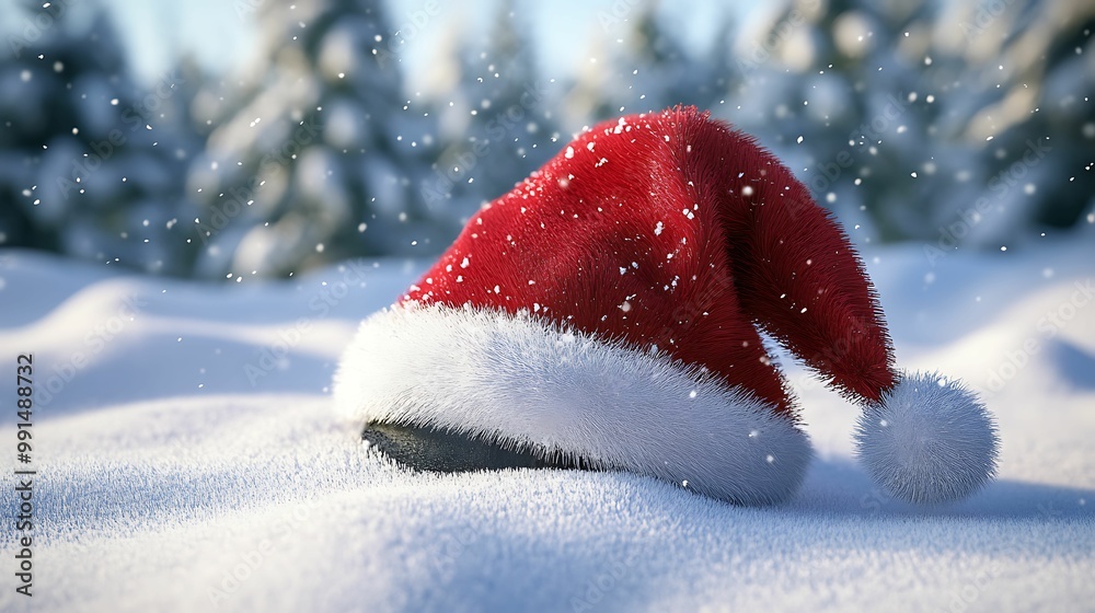 A festive red Santa hat resting in the snow, with a soft snowfall and a blurred, snowy pine forest in the background. A festive red Santa hat resting in the snow, with a soft snowfall and a blurred, snowy pine forest in the background.