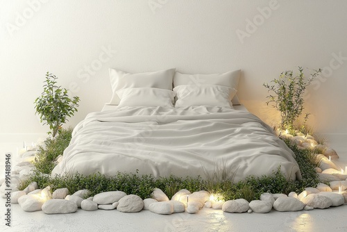 Serene bedroom with pebble lined bed, greenery and warm lighting