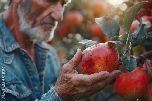 Senior Farmer Examining Ripe Red Apples on Tree Branch in Orchard at Sunset, Showcasing Harvest and Agricultural LifestyleSenior photo