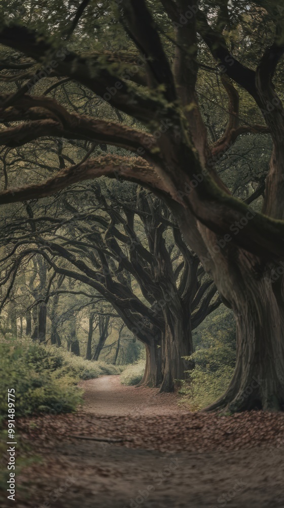 Naklejka premium Enchanted Woodland Path Under Arching Ancient Trees