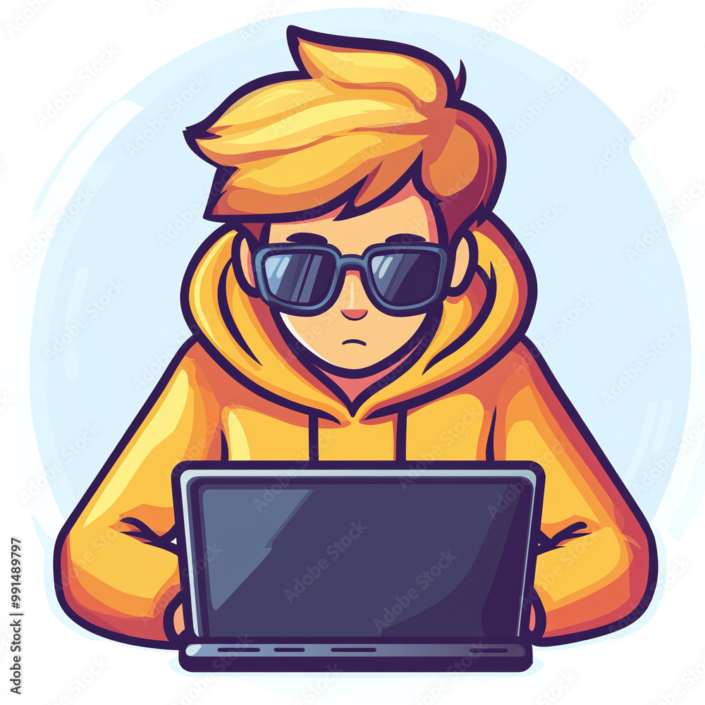 Stylish Teenager in Hoodie with Glasses Engaged in Online Gaming Illustration Stylish Teenager in Hoodie with Glasses Engaged in Online Gaming Illustration