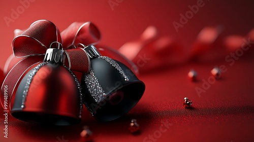 Close-up of elegant red and black Christmas bells decorated with glitter, tied with a matching red ribbon on a festive background.