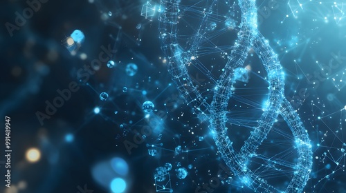 Abstract Representation of a DNA Helix with Blue Glowing Lines and Connected Dots photo