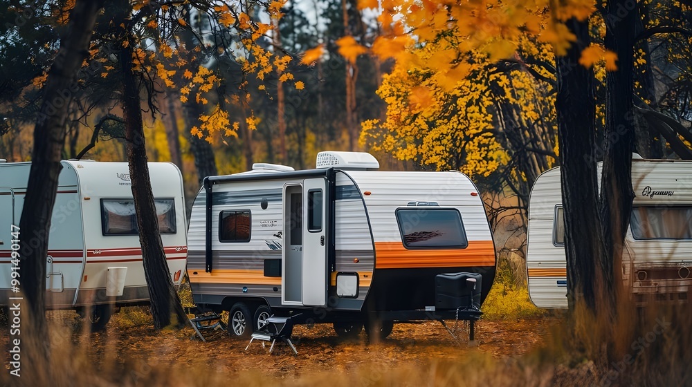 A cozy RV nestled in a vibrant autumn forest, perfect for a serene getaway. A cozy RV nestled in a vibrant autumn forest, perfect for a serene getaway.