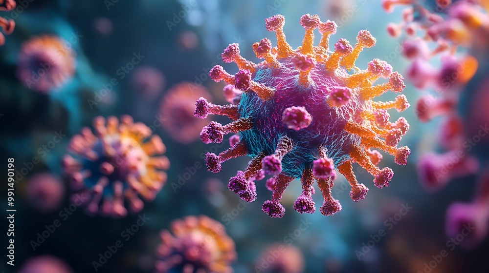 A highly detailed 3D rendering of virus particles under a microscope, showcasing their complex structures and vibrant colors for biological and medical research. A highly detailed 3D rendering of virus particles under a microscope, showcasing their complex structures and vibrant colors for biological and medical research.