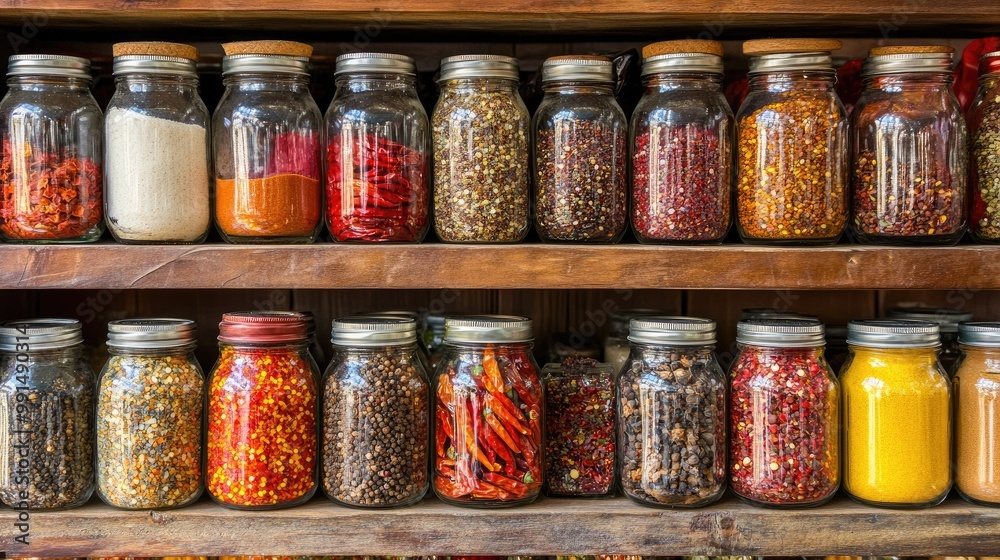 A colorful spice rack filled with jars of dried chilies, chili flakes, and other spices, emphasizing the variety and richness of flavors in cooking. A colorful spice rack filled with jars of dried chilies, chili flakes, and other spices, emphasizing the variety and richness of flavors in cooking.