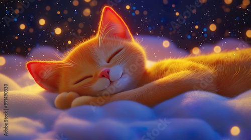 A cute orange cat is sleeping on soft clouds with dreamy starry sky background