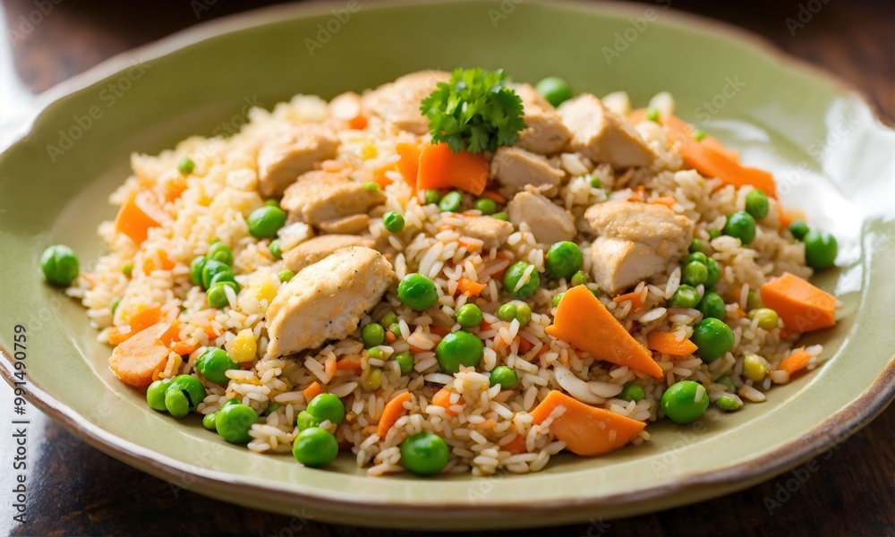 Chicken fried rice with carrots and peas close up view Chicken fried rice with carrots and peas close up view
