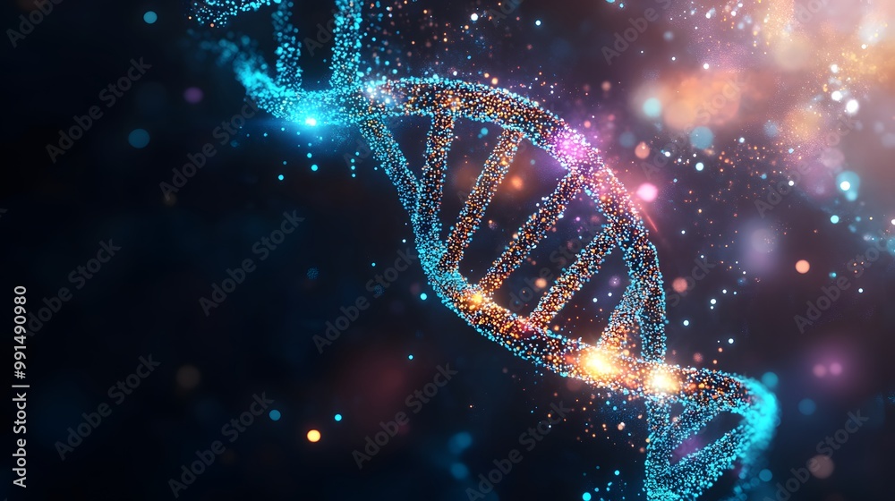 A Spiraling DNA Double Helix Composed of Glowing Particles A Spiraling DNA Double Helix Composed of Glowing Particles