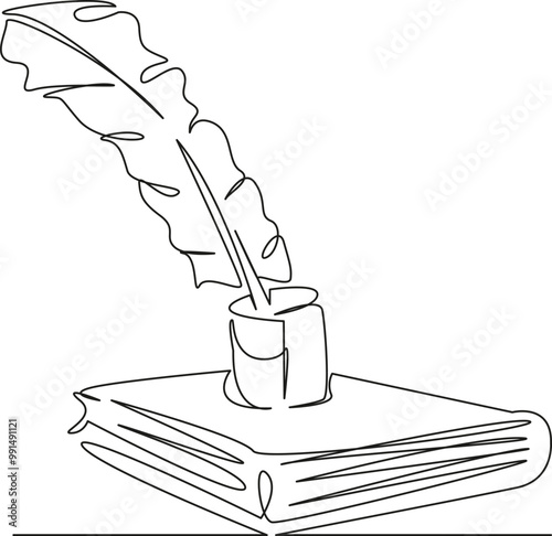 One continuous single drawing line art flat doodle book, pen, feather, antique, paper, indoors, ink, no people, parchment. Isolated image hand draw contour on a white background