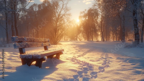 Serene Winter Landscape with Snow-covered Bench in Sunlit Forest Park at Sunset, Tranquil Scenic Beauty and Footprints in the Snowsnow photo