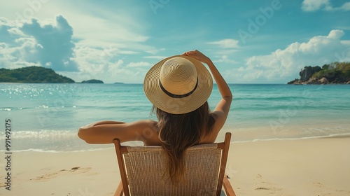 Summer beach vacation concept Asia woman with hat relaxing and arm up on chair beach at Koh Mak Trad Thailand : Generative AI photo