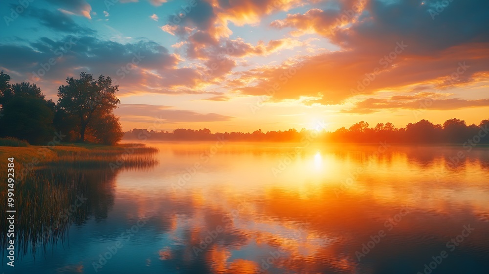 Obraz premium Spectacular sunrise over a scenic landscape with colorful clouds trees grasslands and water reflecting the golden sunlight : Generative AI