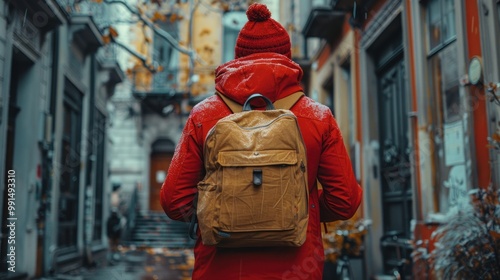 A person in a red jacket and knitted hat walks through a charming winter alley lined with colorful buildings at dusk. Generative AI