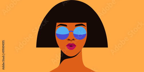 Beautiful woman in blue sunglasses looks surprised. Portrait of happy excited girl on a yellow background, front view. Wow, ok, cool, amazement concept. Vector illustration