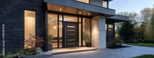 A modern front door with dark wood and glass