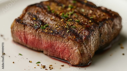 A detailed view of a steak cooked to perfection, with spices sprinkled on top, placed on a white plate, highlighting the textures and colors of the dish.