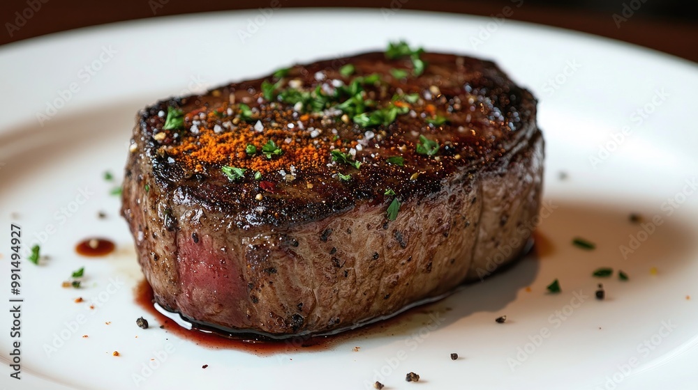 A detailed view of a steak cooked to perfection, with spices sprinkled on top, placed on a white plate, highlighting the textures and colors of the dish. A detailed view of a steak cooked to perfection, with spices sprinkled on top, placed on a white plate, highlighting the textures and colors of the dish.