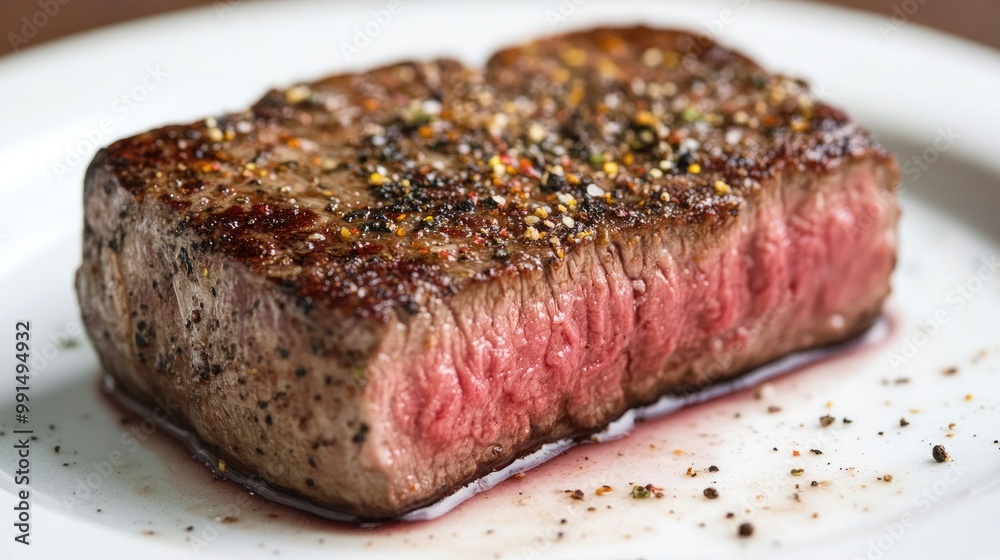 A detailed view of a steak cooked to perfection, with spices sprinkled on top, placed on a white plate, highlighting the textures and colors of the dish. A detailed view of a steak cooked to perfection, with spices sprinkled on top, placed on a white plate, highlighting the textures and colors of the dish.